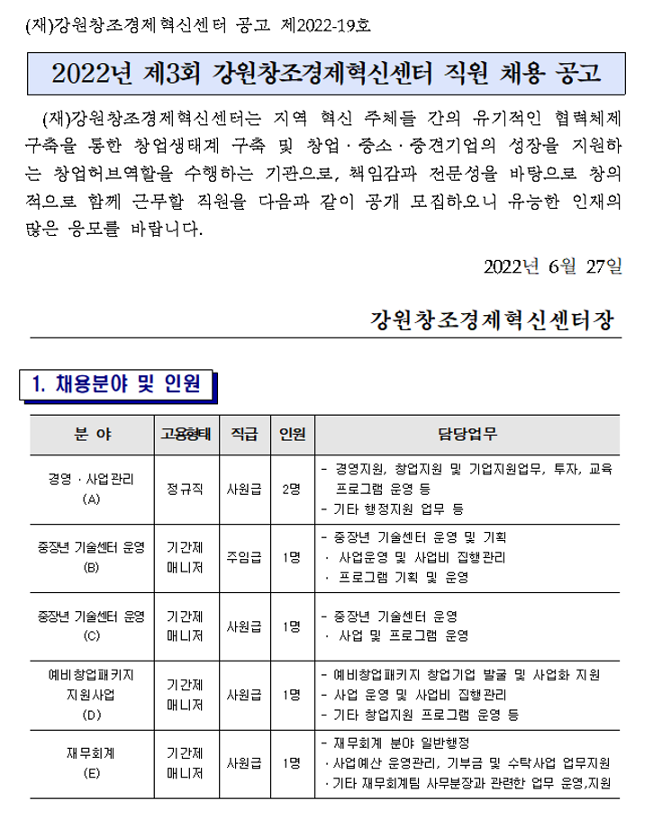 2022년 제3회 강원창조경제혁신센터 직원 채용 공고